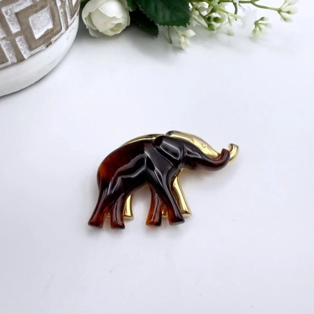 Vintage Liz Claiborne Elephant Brooch Faux Tortoiseshell Lucite Gold Tone Pin